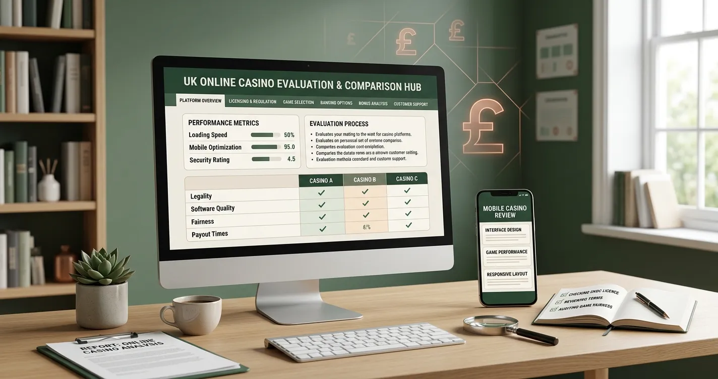 Editorial illustration of a UK online casino assessment with analytical comparison elements