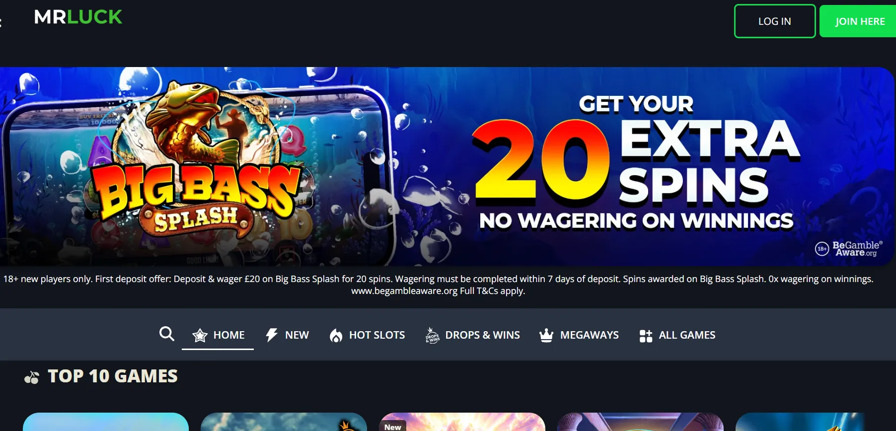 Current Mr Luck website interface and UK casino navigation